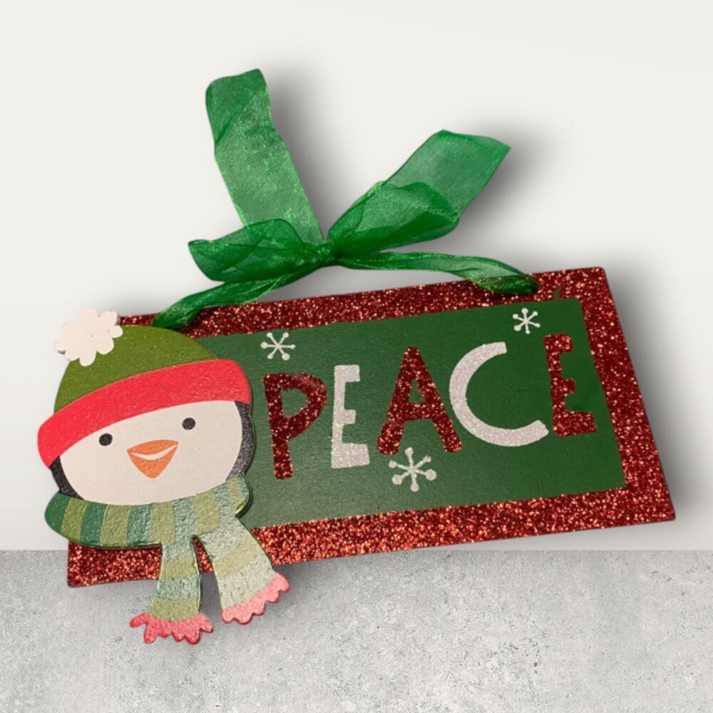 Holiday “PEACE” Penguin Hanging Sign – Glitter Christmas Décor